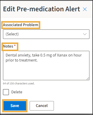 Edit Pre Medication window with yellow highlight boxes around the Associated Problem, Notes, and Save button.